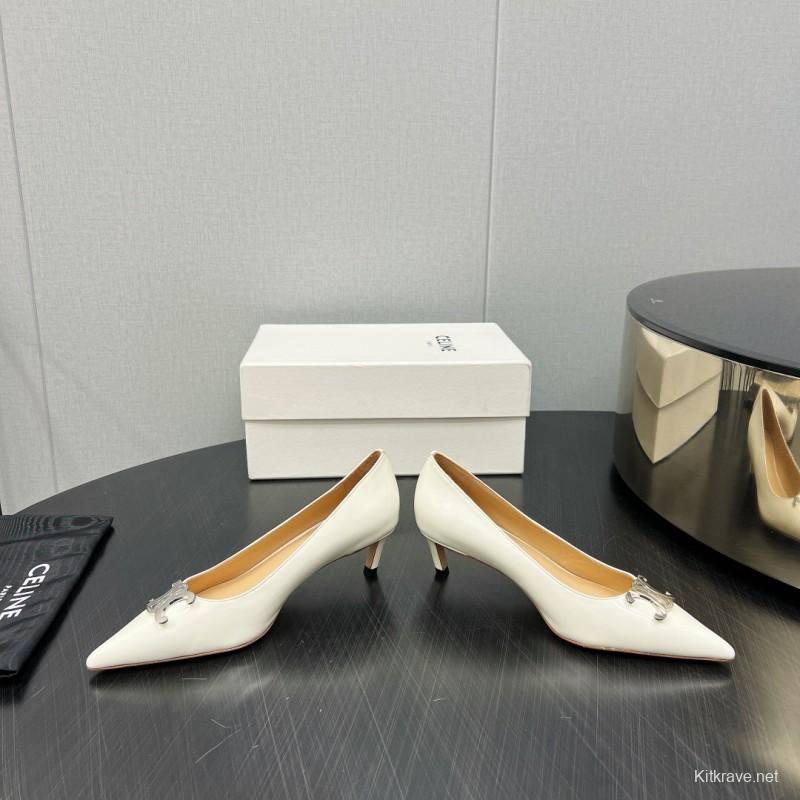 2025 Women Celine White Leather Pointed Toe Kitten Heel KFY00290