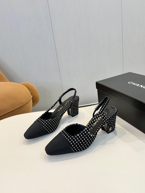 2025 Women Chanel Black White Fabric Slingback Heels LY00240