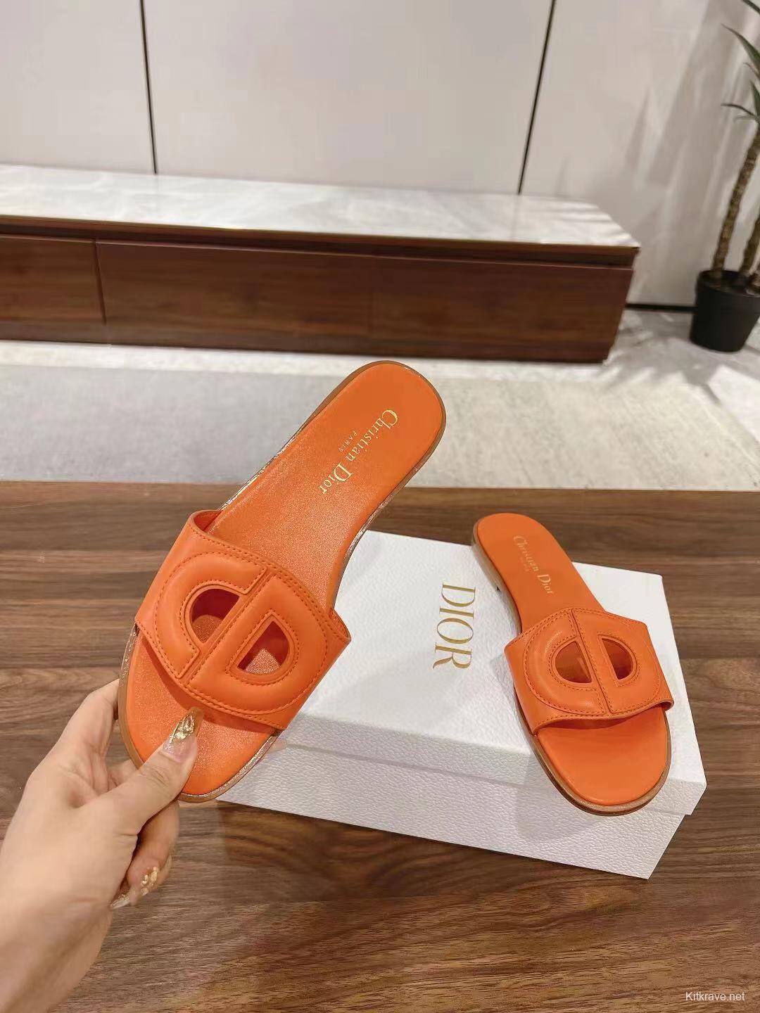 2025 Women Dior Orange Leather Slippers LY00260