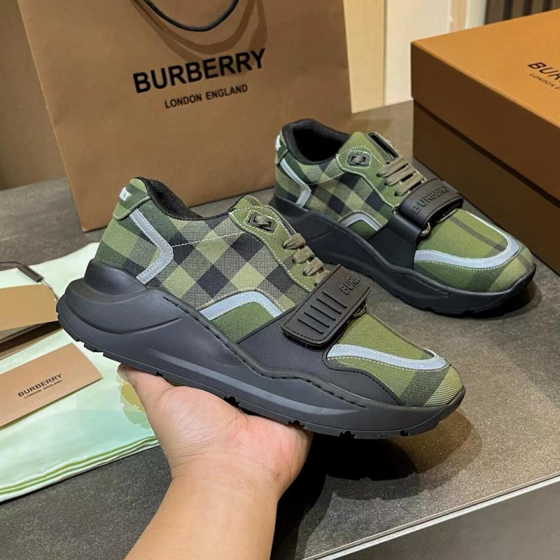 2025 Unisex Burberry Green Black Cotton Calfskin Suede Sneakers MJ00360(W)