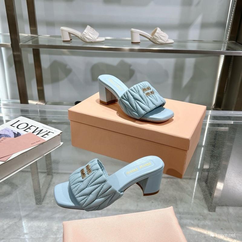 2025 Women Miumiu Light Blue Sheepskin Heeled Sandals