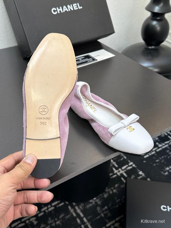 2025 Women CHANEL White Purple Leather Bow Ballet Flats Unisex LY00360(F)