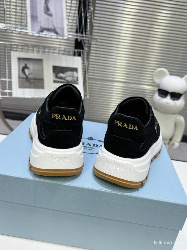 2025 Unisex Prada Black Suede Leather Sneakers KFY00310