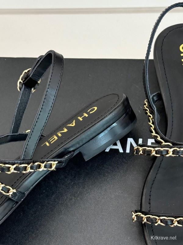 2025 Women Chanel Black Leather Slingback Sandals Chain KFY00270