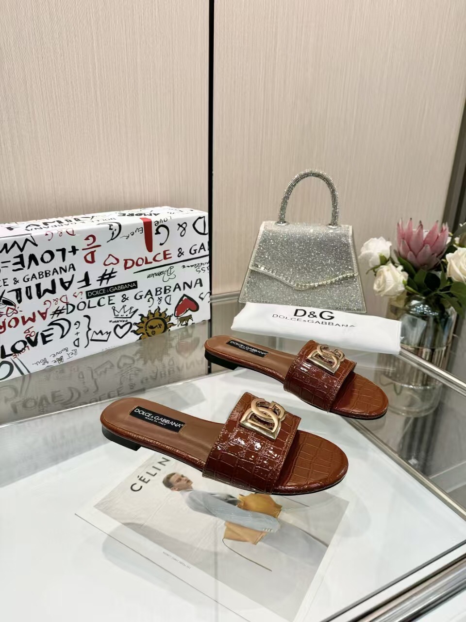 2025 Women Dolce & Gabbana Brown Leather Slippers LY00190