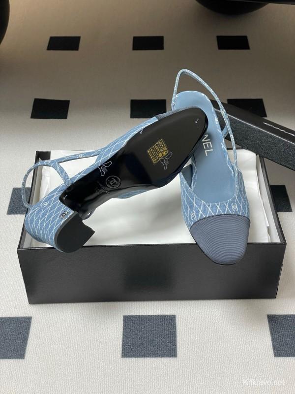 2025 Women Chanel Light Blue Denim Leather Sling-back Heels