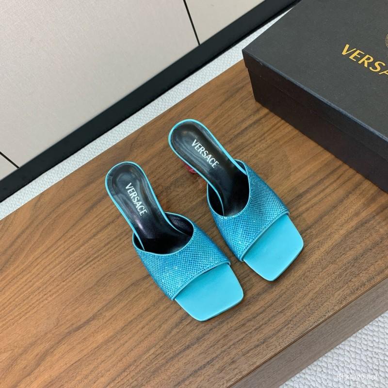 2025 Women VERSACE Blue Leather Slippers