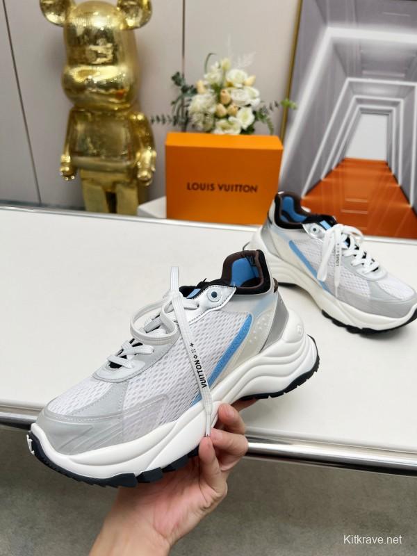 2025 Unisex Louis Vuitton White Blue Leather Mesh Sneakers Monogram LV00340