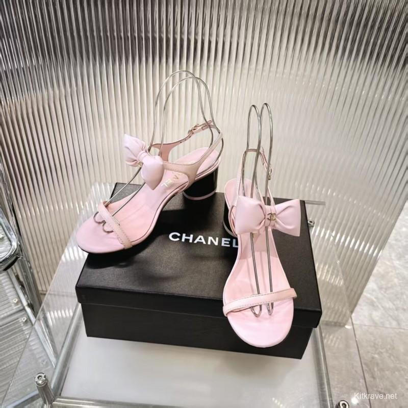 2025 Women Chanel Pink Leather Sandals Bow LY00260