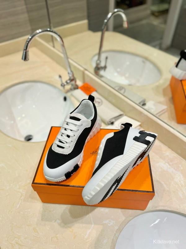 2024 Unisex Hermès Black White Imported Silk Calf Suede Sneakers MJ00320