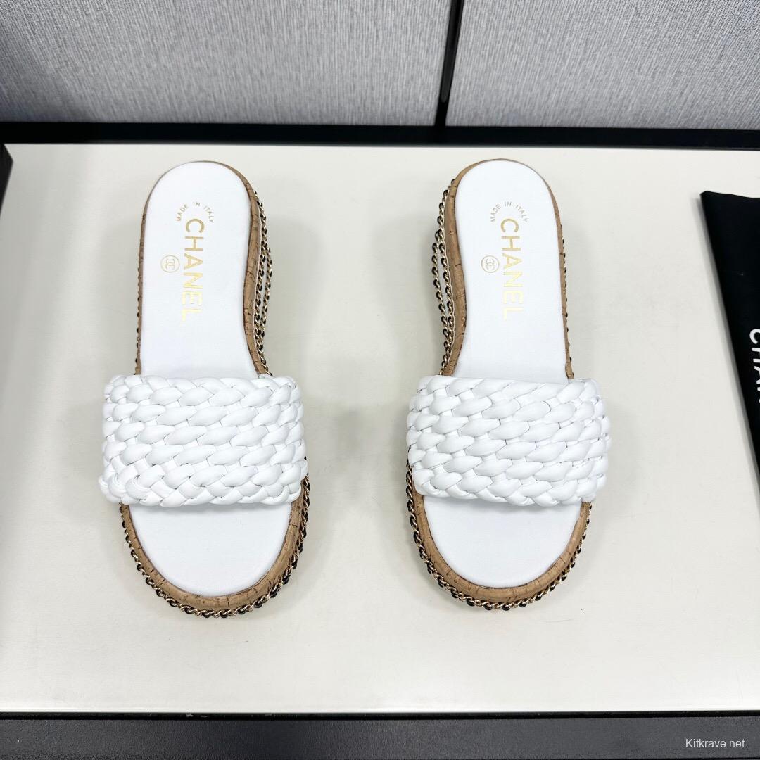 2025 Women Chanel White Leather Wedge Sandals