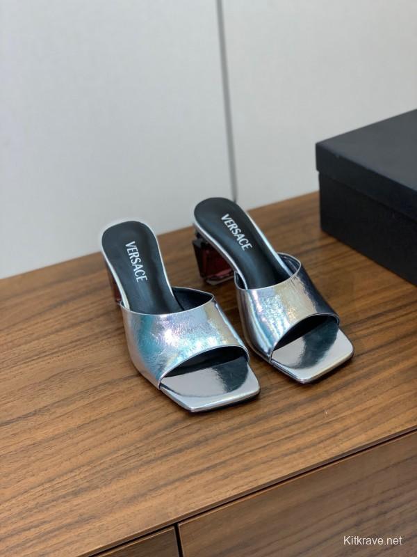 2025 Women VERSACE Silver Leather Slippers