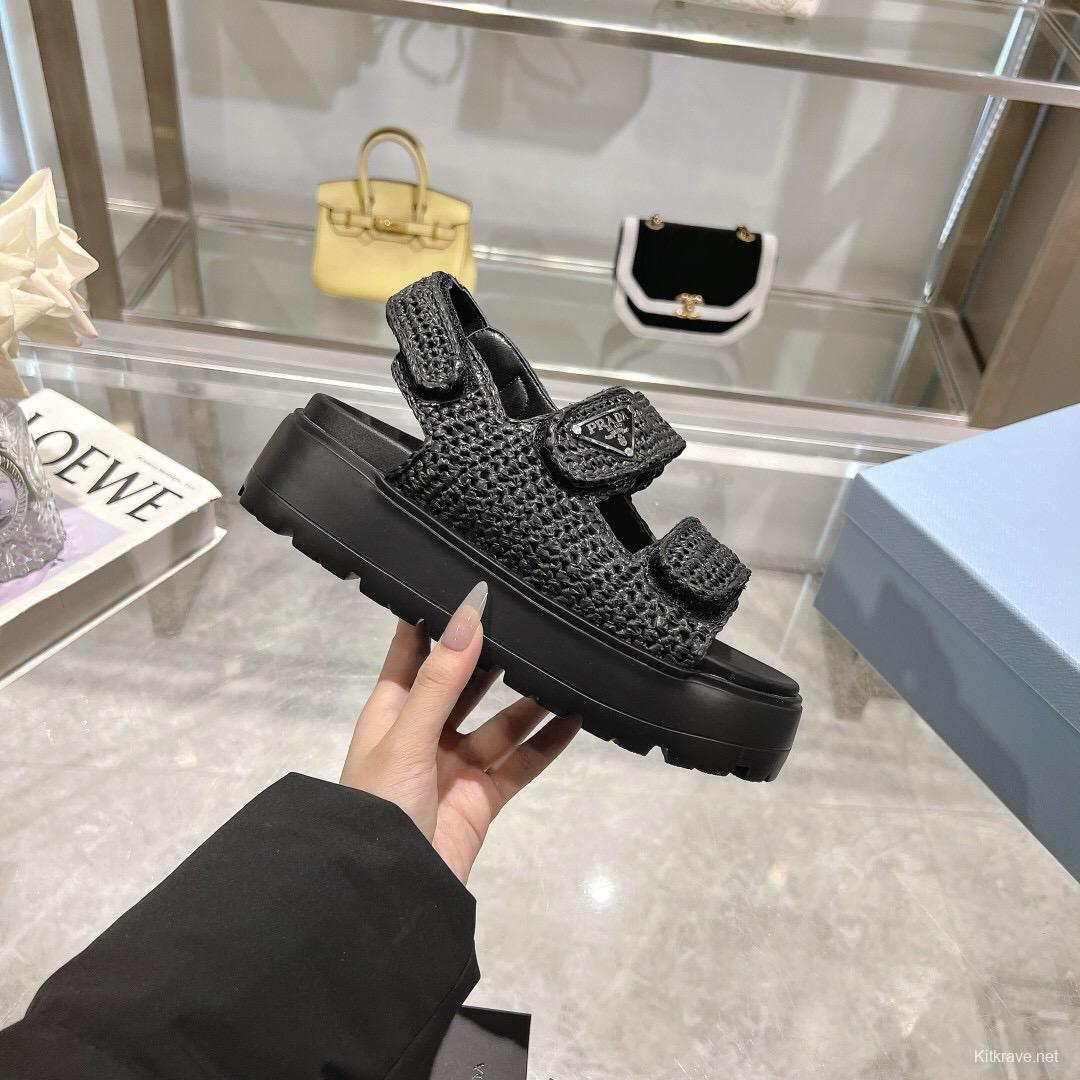 2025 Women Prada Black Woven Leather Sandals LY