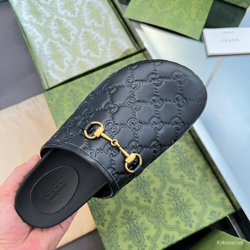 2024 Slippers Gucci Black Leather GG Pattern Horsebit MJ00280