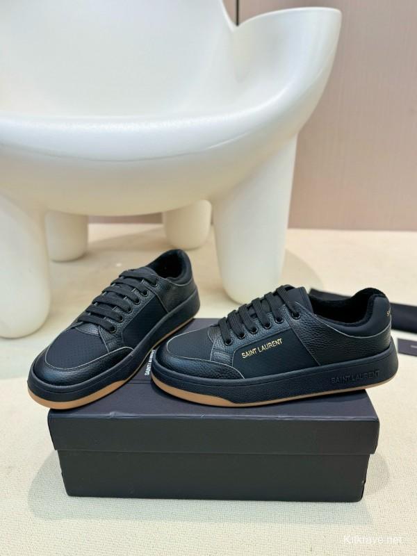2024 Unisex Yves Saint Laurent Black Silk Leather Casual Shoes Embossed Logo MJ00350