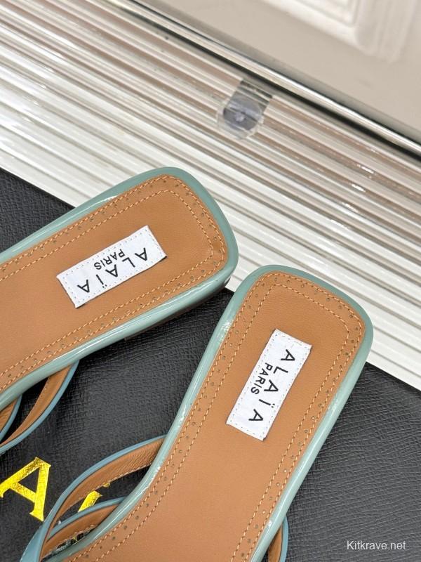 2025 Women AlAIA Light Blue White Leather Mesh Flat Slippers