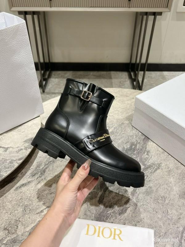 2024 Women Dior Black Leather Ankle Boots Buckle MJ00430