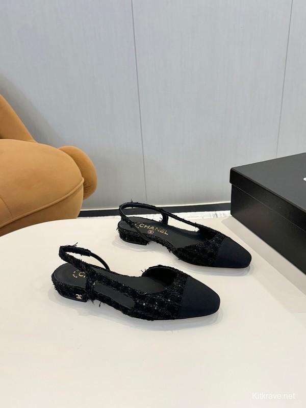 2025 Women Chanel Black Leather Tweed Ballet Flats LY00240