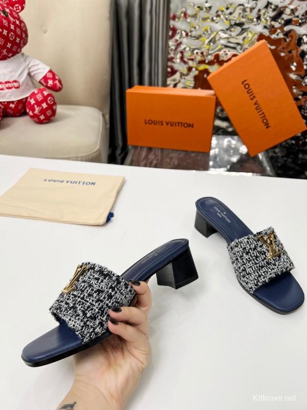2025 Women Louis Vuitton Navy White Tweed Leather Heeled Sandals LY00220