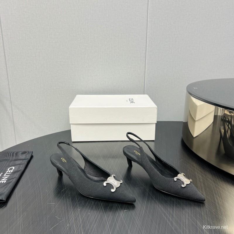 2025 Women Celine Black Fabric Leather Slingback Kitten Heels KFY00290