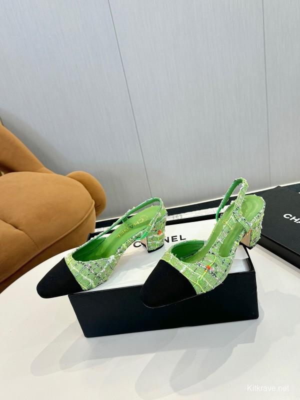 2025 Women Chanel Green Black Fabric Leather Slingback Shoes