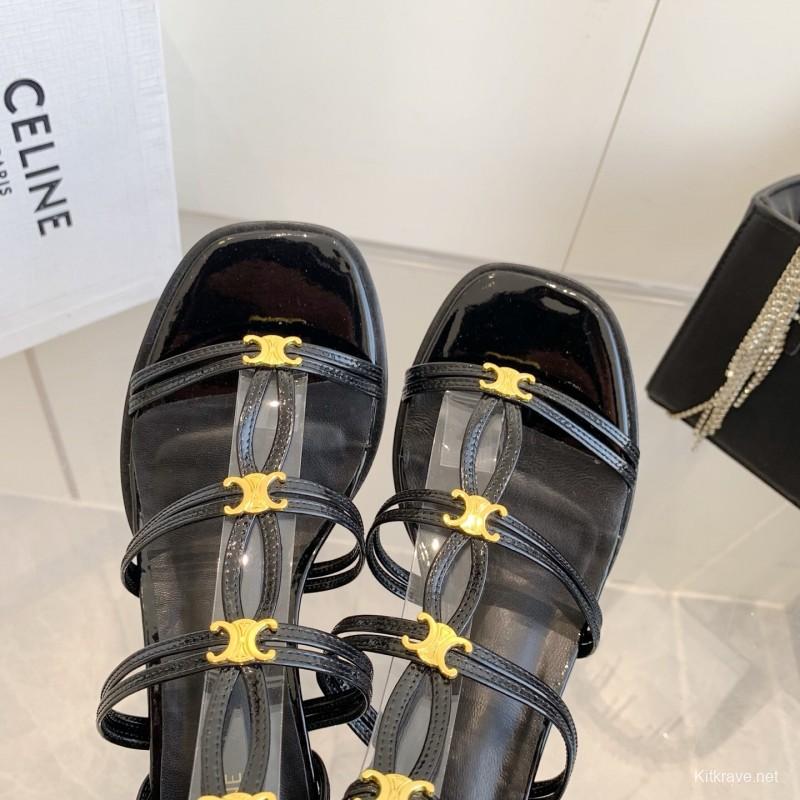 2025 Women Celine Black Patent Leather Sandals