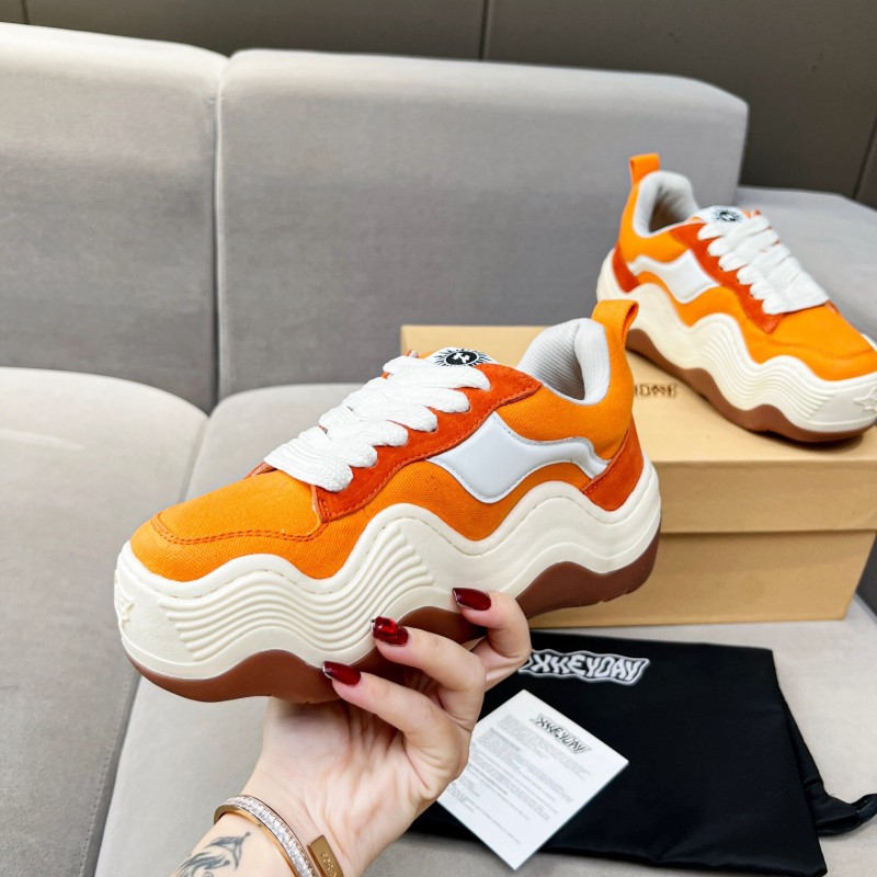 2025 Women HEYDAY Orange White Suede Canvas Wave Sneakers KFY00260