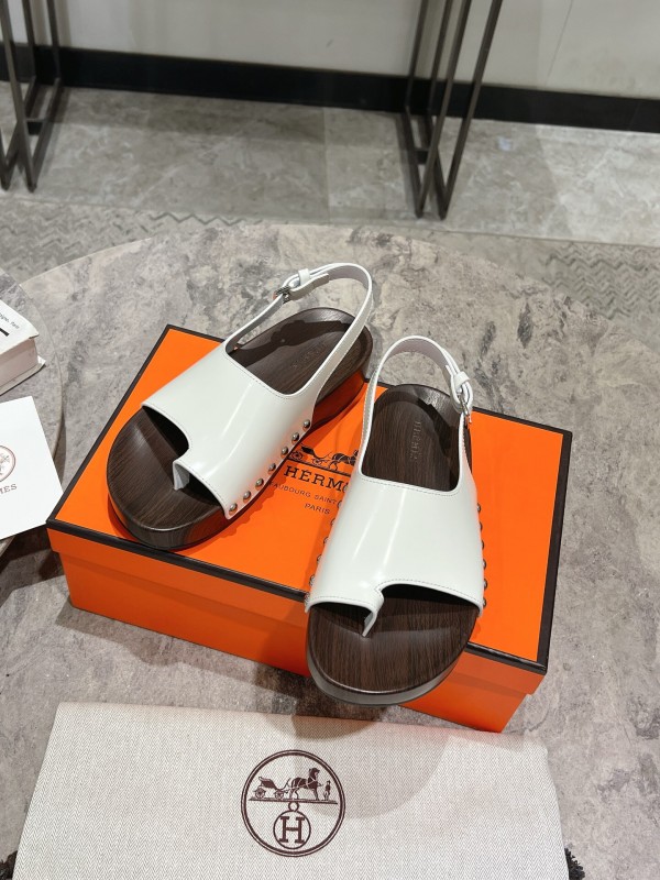 2025 Women Hermès White Leather Slippers
