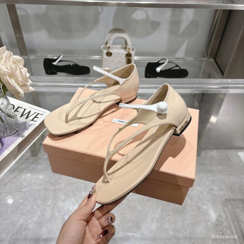 2025 Women MiuMiu Beige Leather T-Strap Sandals With Clear Heel KFY00289(F)