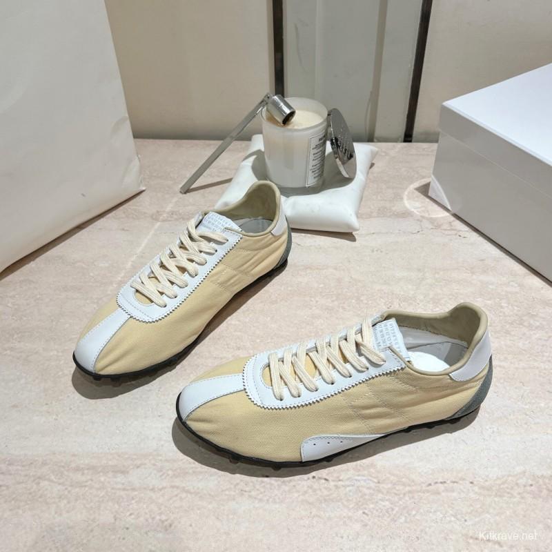 2025 Unisex MM6 Maison Margiela Beige White Nylon Suede Sneakers Distressed KFY00290