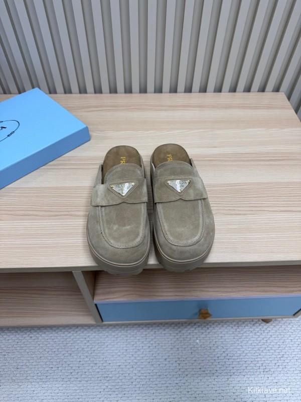 2025 Women Prada Khaki Suede Platform Loafers
