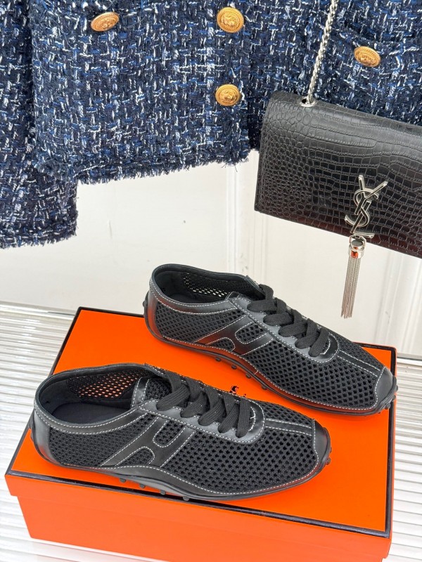 2025 Women Hermès Black Mesh Leather Sneakers
