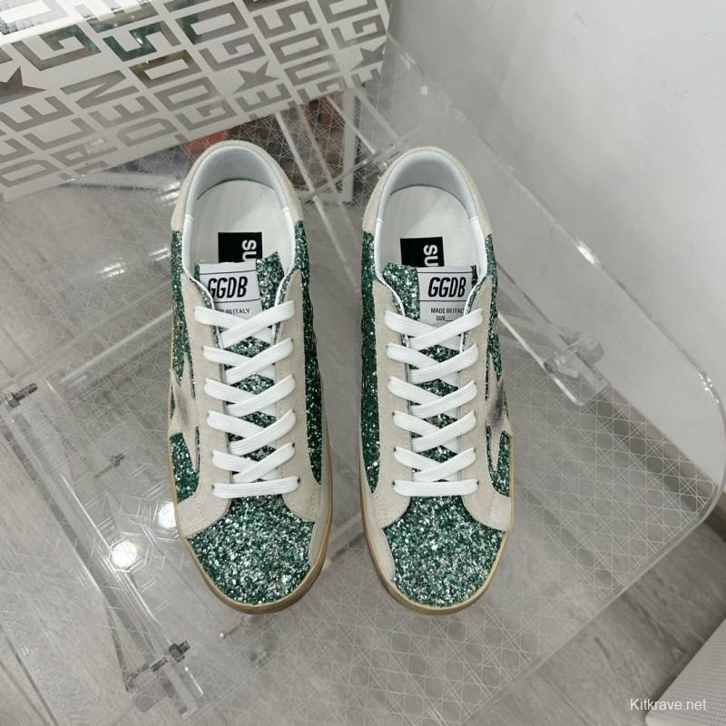 2025 Women GGDB Green White Suede Leather Star Sneakers