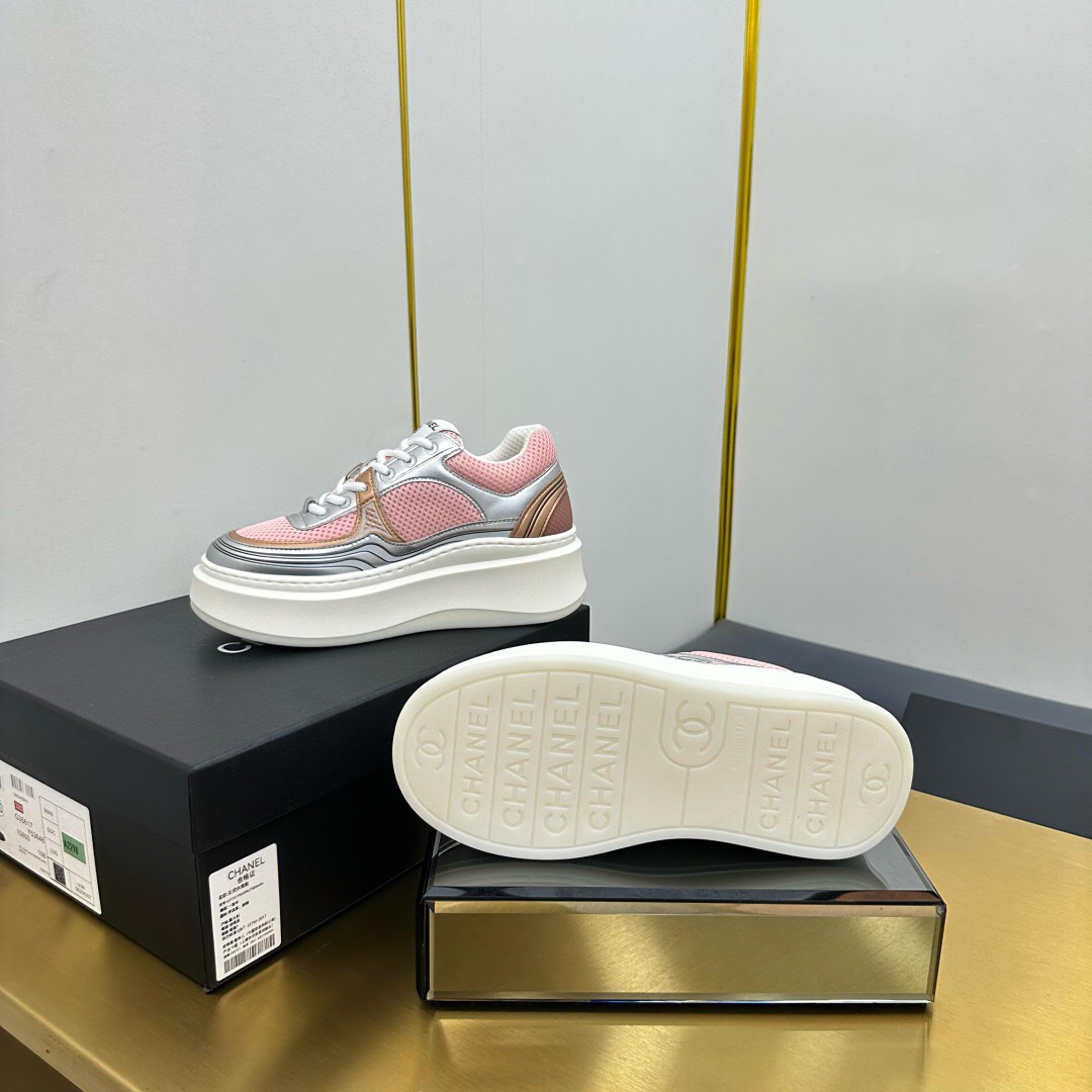 2025 Women Chanel Pink Silver Leather Mesh Sneakers