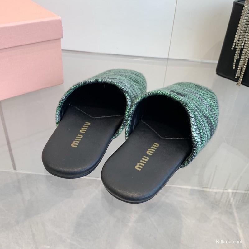 2025 Miu Miu Green Black Fabric Slippers