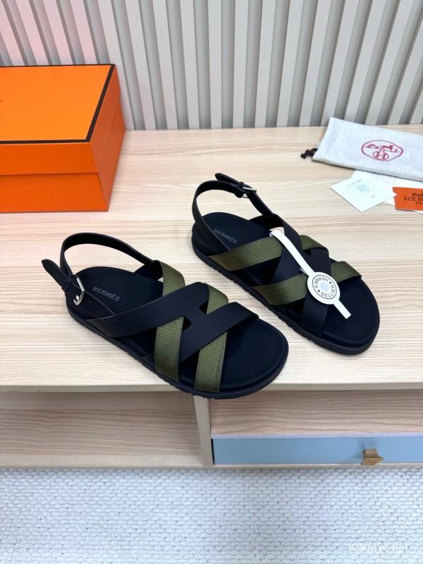 2025 Women Hermès Black Green Leather Nylon Sandals LY00270
