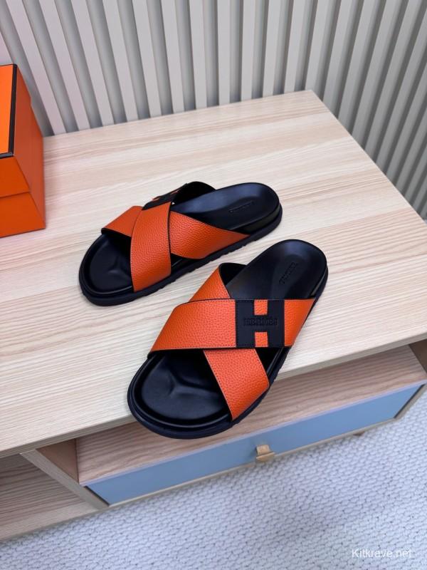 2025 Slippers Hermès Orange Black Leather Slippers