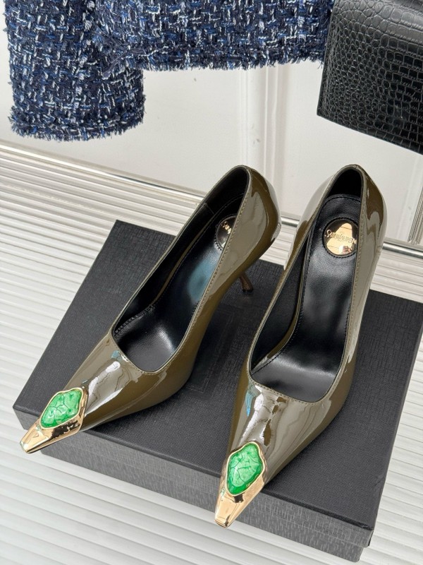 2024 Women Yves Saint Laurent Olive Green Patent Leather High Heel Gemstone MJ00330
