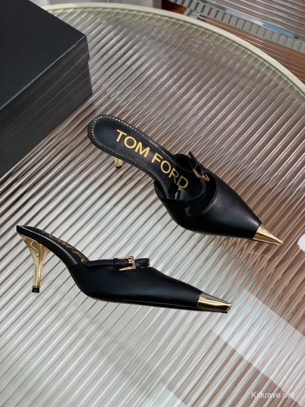 2025 Women TOM FORD Black Gold Leather Heeled Mules KFY00300