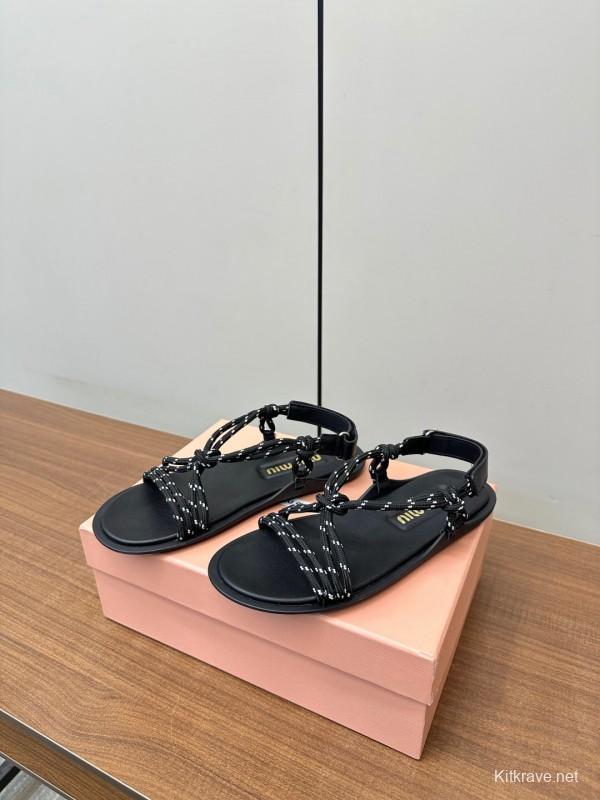 2025 Women Miu Miu Black Leather Rope Sandals