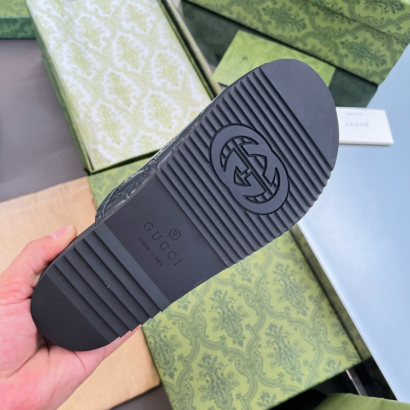 2024 Slippers Gucci Black Leather GG Pattern Horsebit MJ00280