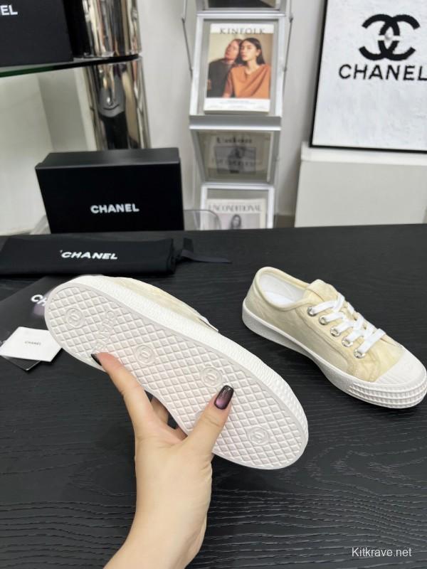 2025 Women Chanel Cream Canvas Leather Casual Sneakers LY00230