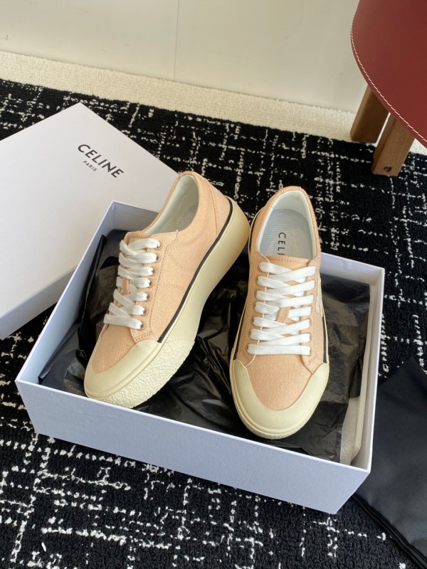 2025 Women Celine Beige Canvas Leather Platform Sneakers