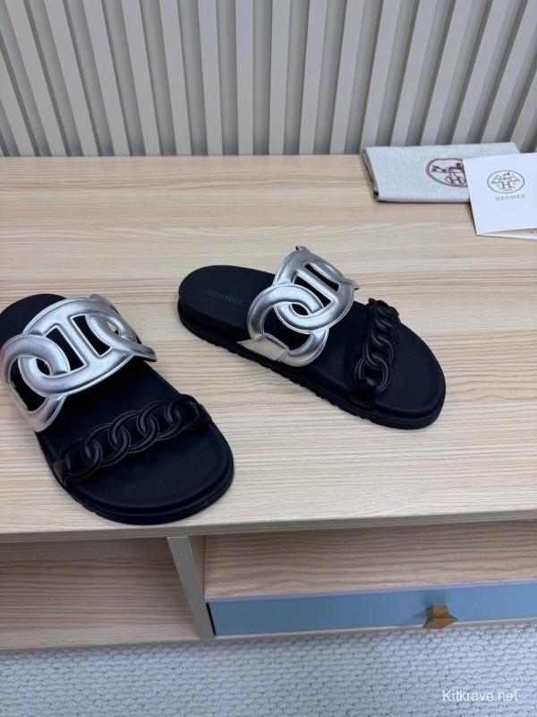 2025 Slippers Hermès Silver Black Leather Chain Decoration