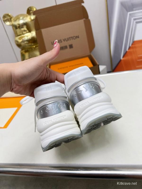 2025 Women Louis Vuitton White Grey Mesh Leather Sneakers LY00340