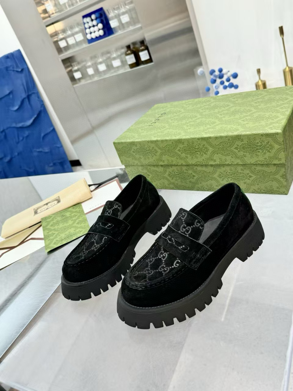 2024 Women Gucci Black Suede Leather Loafers MJ00320