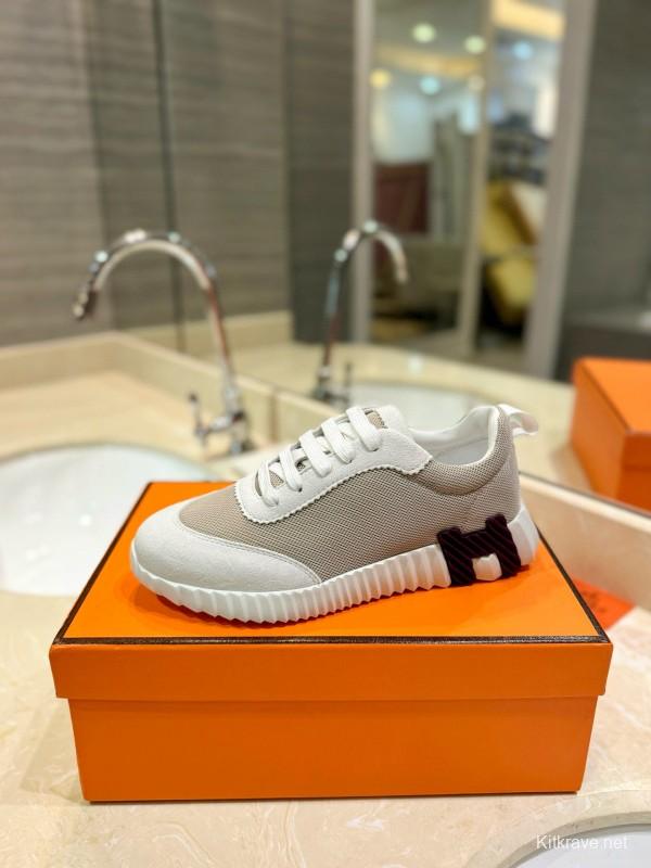 2024 Women Hermès White Beige Mesh Leather Sneakers MJ00320