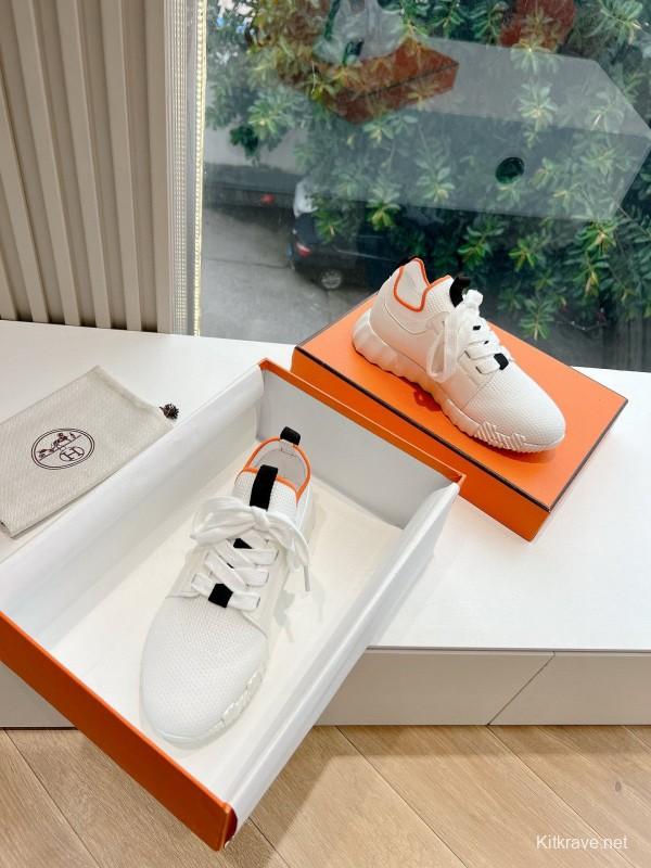 2024 Unisex Hermès White Black Orange Calf Suede Sneakers MJ00290