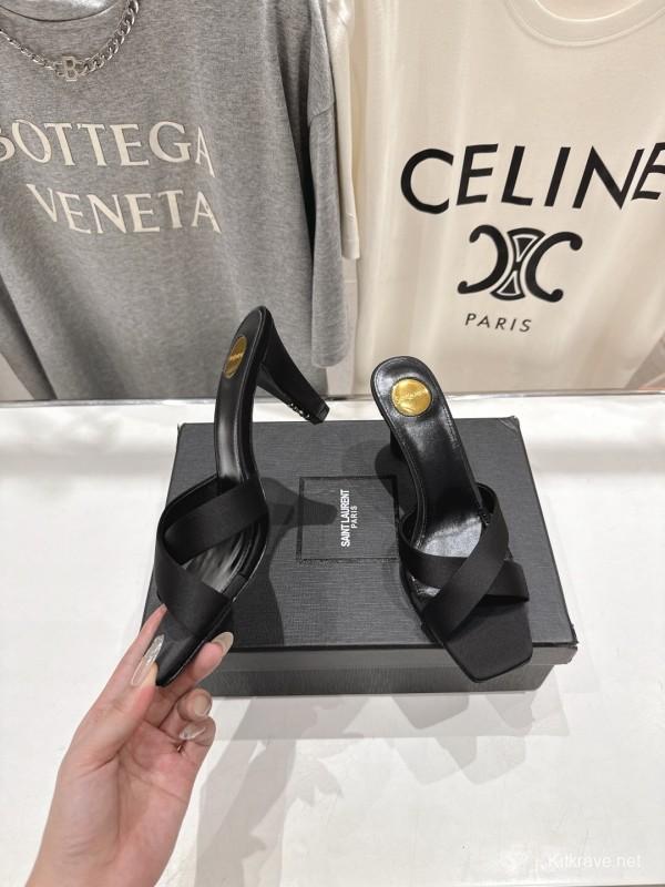 2025 Women Yves Saint Laurent Black Leather High Heel Slide Sandals With Gold Medallion Detail - LY00360(F)