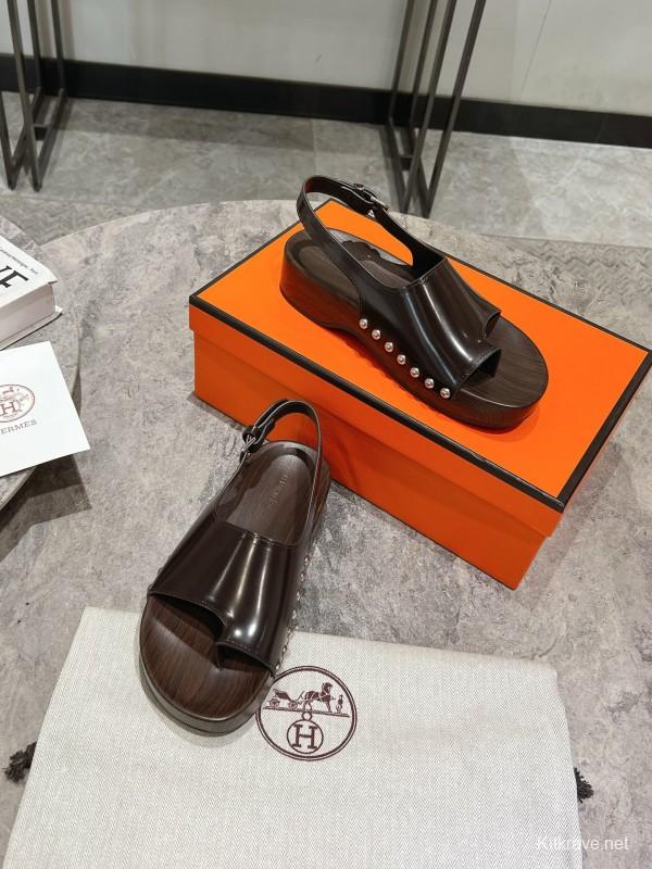 2025 Women Hermès Brown Leather Sandals KFY00250